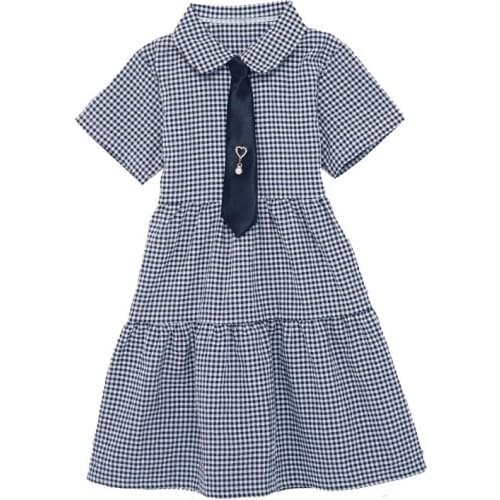 Summer 2021 Girl White Black Small Plaid Dress With Necktie Vestidos Sukienki Dla Dziewczynek Kids Dresses Costume Meisjes Jurk