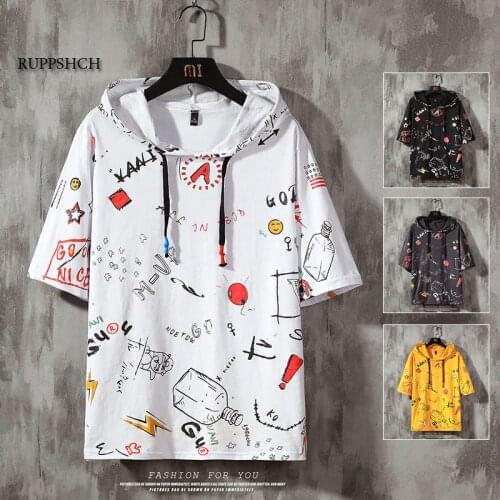 Hoodie Men 2021 New Hip-Hop Print Street Summer Five-Point Sleeves Round Neck Trend Oversized Sweatshirt Men
