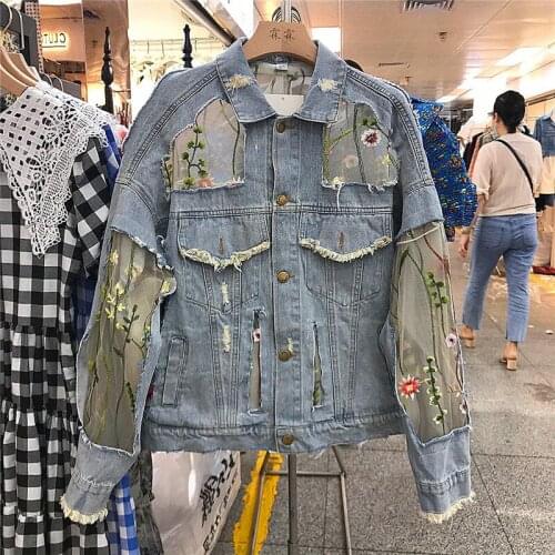 Autumn Korean Fashion Embroidery Flowers Denim Jacket Coat Women Loose Student Outerwear Splicing Net Yarn Jeans Jackets Female