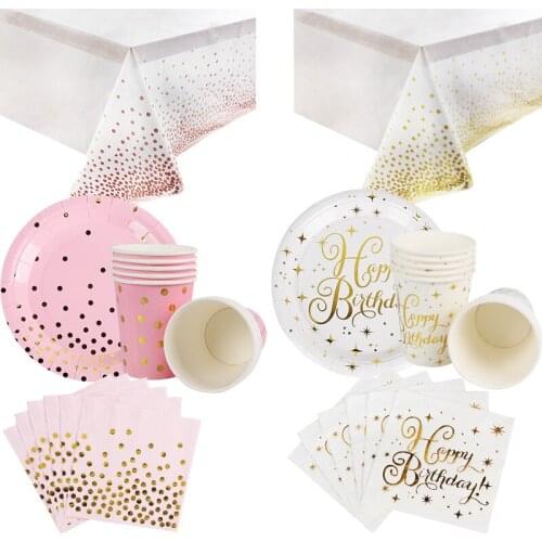 Blue/pink/gold/rose gold polka dot shape disposable tableware set Party paper plate cup napkins banner for birthday party decor