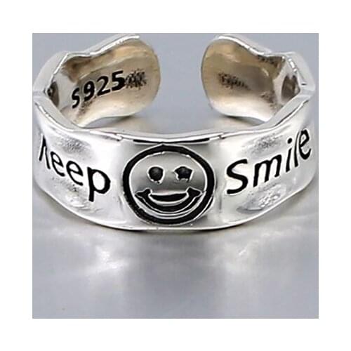 Irregular Antique Smiley Letter Bump 925 Sterling Silver Adjustable Ring For Women Retro Dainty Jewelry Gift
