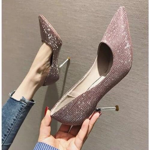 New Women Pumps Sexy High Heels 2019 Blingbling Heels Sliver Wedding Ladies Shoes Pink Women Shoes Stiletto R2-20