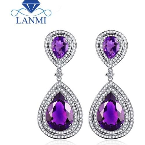 New Vintage Solid 14kt White Gold Purple Amethyst Drop Earrings Diamond Amethyst Earring For Sale ER0002