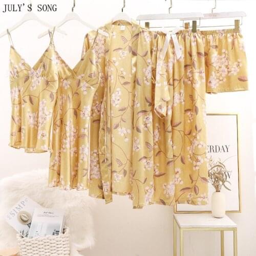 JULYS SONG Fashion 5PCS Faux Silk Women Pajamas Set Floral Printed Sleepwear Shorts Spring Summer Homewear Robe Nightdress