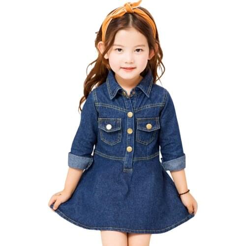Dress Girl Button Fly Girl Denim Dress Solid Color Kids Dress Spring Autumn Casual Style Girls Clothing