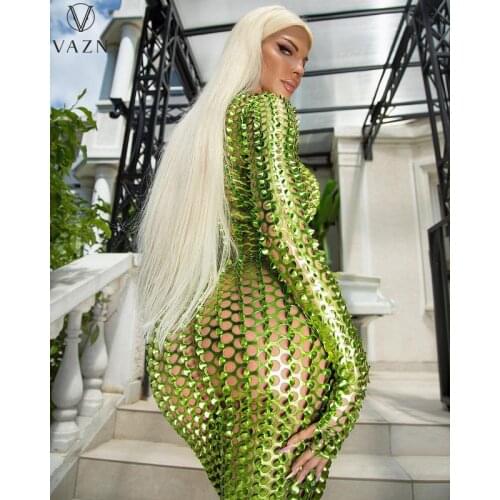 VAZN 2021 Special Early Autumn Style Long Thin Dress Hollow Out Open Full Sleeve High Waist Young Vestidos For Female