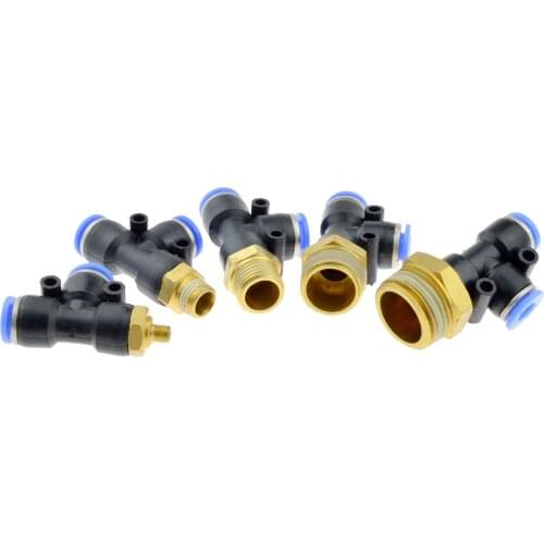Pneumatic Connector 10mm 8mm 6mm 12mm Hose Tube T Shape Tee Air Fitting 1/4" 1/8" 3/8" 1/2"BSPT Male Thread 3 Way Pipe Coupler