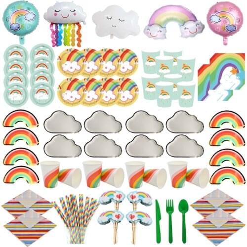 White cloud Rainbow Party Favors Tableware Kids Birthday Paper Plates Cup Cartoon Dessert Cake Dish Wedding Decor Party Supplies