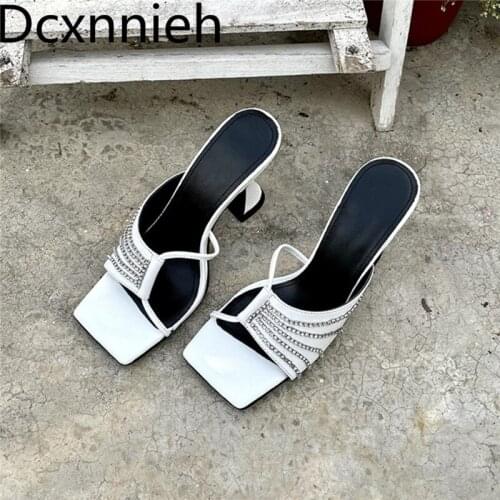 Summer Rhinestone Women Slippers Square Toe Genuine Leather Cut Outs Mules High Heels Party Shoes Woman Crystal Women Sandals
