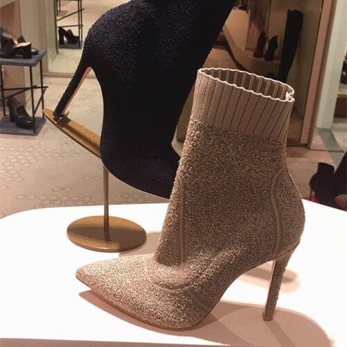 Slim Fit Women Ankle Boots Pointed Toe Stretch Fabric Knit Sock Boot High Heel Shoes Woman Valentine Shoe Women Pumps