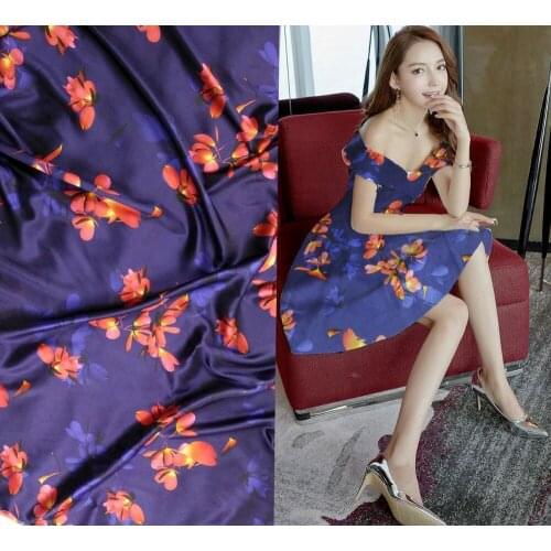Telas Super Blue flowers Woven Fabric Material For Curtains Tulle Blouse Dress Prints strech satin silk Fabric For Patchwork