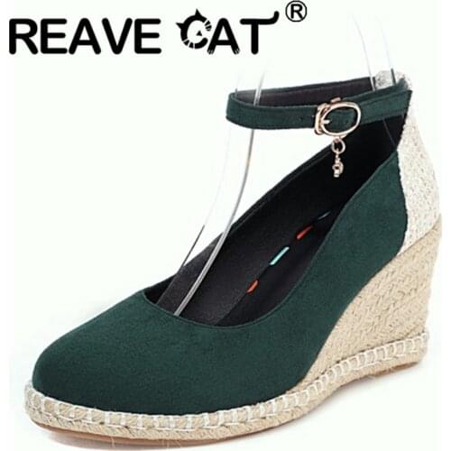 REAVE CAT 2021 Spring Patchwork Pumps Suede Cover Heel Ankle Buckle Strap Rattan Wedges Round Toe 7.5cm Size 30-44 Green A4172