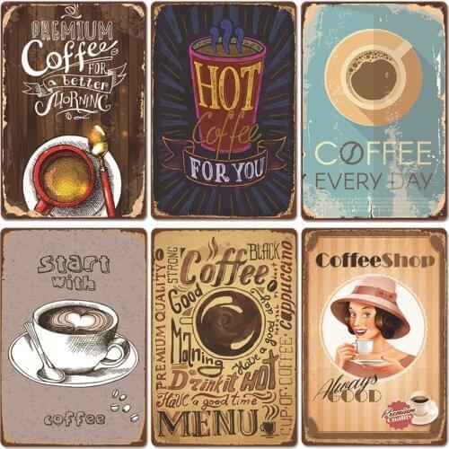 Vintage Coffee Plaque Metal Tin Sign Retro Drink Coffee Poster Wall Stickers for Cafe Shop Restaurant Coffee Corner Home Decor