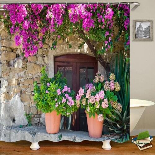 Flowers Scenery Waterproof Shower Curtains Rural Street Flowers Bathroom Curtains Polyester Fabric Washable Decor Bath Curtains