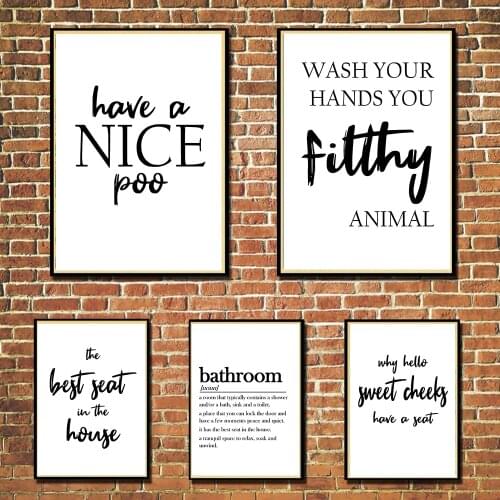 Funny Bathroom Sign Nice Poo Quotes Wall Art Canvas Painting Black White Wall Modern Wash Your Hands Poster Prints For Bathroom