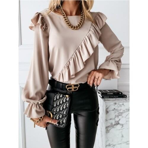 Women Long Petal Sleeve Office Lady Elegant Flounce Blouse Plain Slim Fitting Trim Tunic Tops Spring Ruffles Apricot Shirts