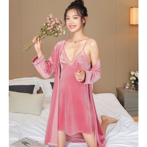 Women Sexy Nightgown Set with Long Sleeve Robe Velvet Suspender Deep Mesh V Neck Two Piece Sets Ladies Pajamas Autumn 2020
