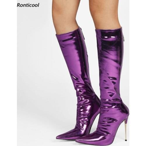 Ronticool Women Patent Winter Knee Boots Back Zipper Stiletto Metal Heel Pointed Toe Blue Purple Green Wine Red Shoes Size 35 45