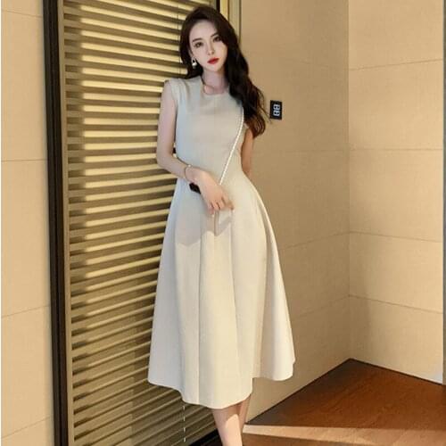 Fashion Vintage O-Neck Sleeveless Midi Party Club Dress Ladies Elegant Robe Casual Streetwear Solid Folds Simple Beach Dress