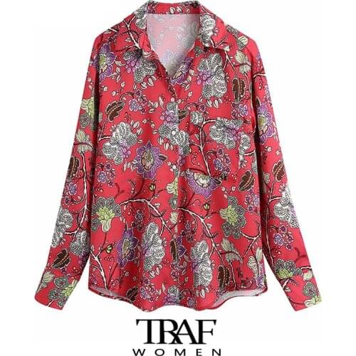 TRAF Za Women Fashion With Pockets Floral Print Loose Blouses Vintage Long Sleeve Button-up Female Shirts Chic Tops