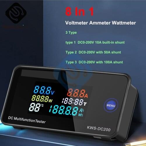 8 in 1 Color Screen DC Voltage Current Power Temperature Digital Voltmeter Ammeter DC 0V-200V+100A 50A Shunt 10A Built-in Shunt