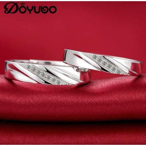 DOYUBO Brand Real 925 Sterling Silver Lovers Rings Rhombic Cubic Zircon Resizable Silver Couples Rings Fashion New Jewelry VB241