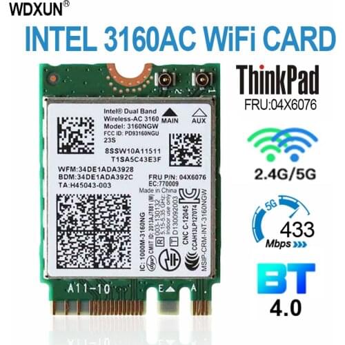 Dual Band Wireless AC 3160 Wifi Bluetooth FRU 04X6076 04X6034 For G50-70 Z40-70 NGFF Intel 3160NGW 802.11ac Wifi + BT 4.0 Card