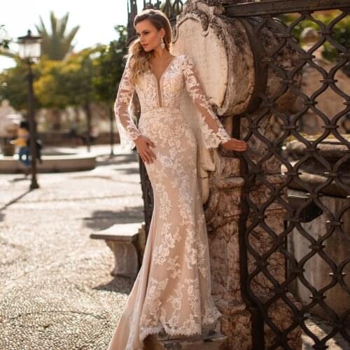 Hochzeitskleid Long Sleeve Mermaid Wedding Dress Backless Trouwjurk Simple Vestido De Noiva Appliques Tulle Sukienka Na Wesele