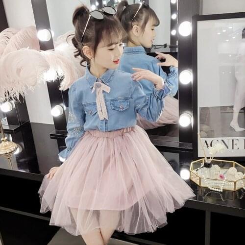 Teen girl clothing set for kids long sleeve clothing sets cowboy embroidered shirt mesh skirt 2pcs suit kids girl tracksuit