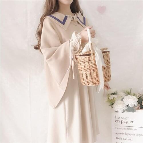 Spring Autumn Set Womens New Japanese Fashion Student Doll Collar Long Dress Cape and Shawl Coat japanese school uniform