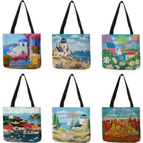 Beautiful Colorful Building Pattern Shopping Bags Foldable Reusable Large Capacity Women Designer Handbag Totes B13030
