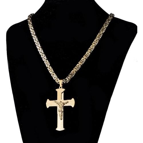 6mm Fashion Stainless Steel Gold Tone Cool Mens High Quality Byzantine Chain Jesus Cross Crucifix Pendant Necklace 18"-40"