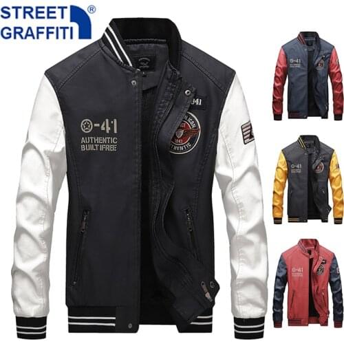 2021 Men New Embroidery Motor Leather Jacket Men Casual Winter Baseball PU Fleece Jackets Coat Fashion Slim Leather Jacket Men