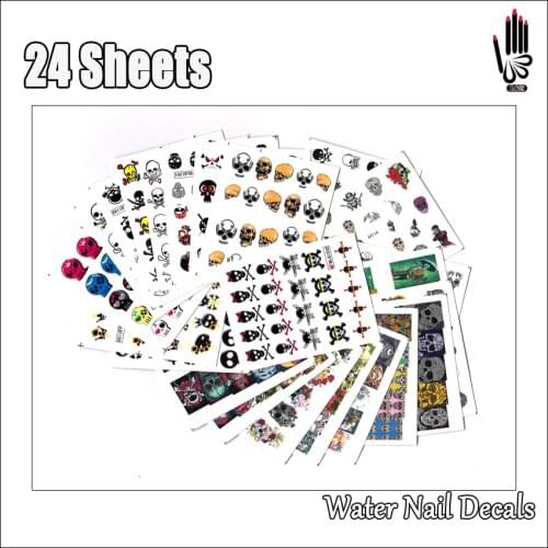 Nail Art Sticker 24Sheets/Lot Mix 24 different Skull Nail Art Water Sticker Decal For Nail Sticker Art Decoration 24BLE1202