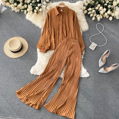 2021 New Autumn Retro Suit Female Lapel Long-sleeved Blouse Pleated Pleated Shirt + Two-piece High-waist Wide-leg Pants DF725