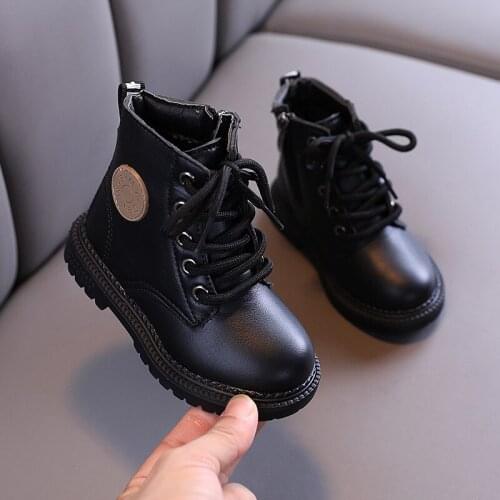 2021 Autumn Winter Children Boots Boys Girls Leather Martin Boots Plush Fashion Waterproof Non-slip Warm Kids Boots Shoes 21-30