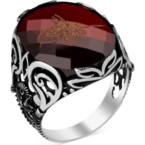 925 Sterling Silver Ottoman Tughra Faceted Red Zircon Stone Mens Ring Ottoman with Coat of Arms Silver Mens Ring for men