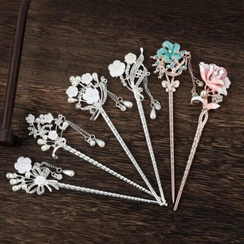 Chinese Style Hair Chopsticks Metal Rhinestone Hair Stick Women Tassel Pearl Flower Headpiece Hairpin Hair Jewelry Accessories