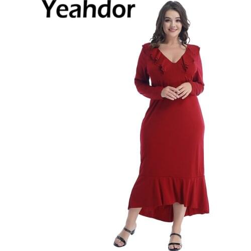 Plus Size Women Spring Casual Dresses Streetwear Solid Color V Neck Long Sleeve Ruffled Dress for Wedding Banquet Cocktail Party