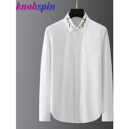 Temperament Business Men Shirt Solid Color Long Sleeve Embroidery Collar Fashion Brand Slim Chemise Homme Plus size 2021 Shirts