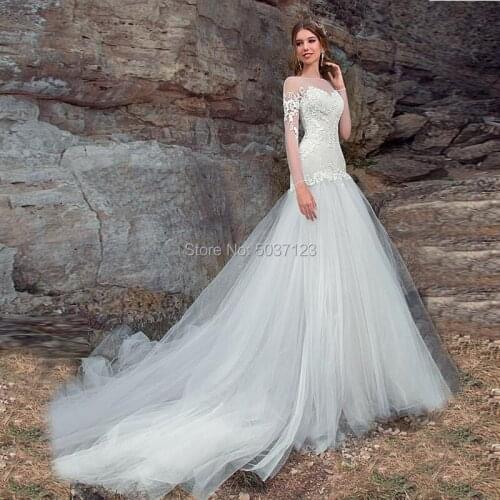 Mermaid Wedding Dresses O Neck Long Sleeves Lace Appliques Lace Up Bridal Gown Court Train Vestido De Noiva Custom Made