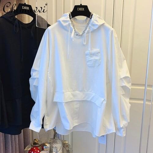 Loose Pleated Puff Sleeve Pocket Oversized Sweatshirt Women Hooded Fake Two Pieces Hoodies Lady Long Sleeve Cotton Sweatshirt