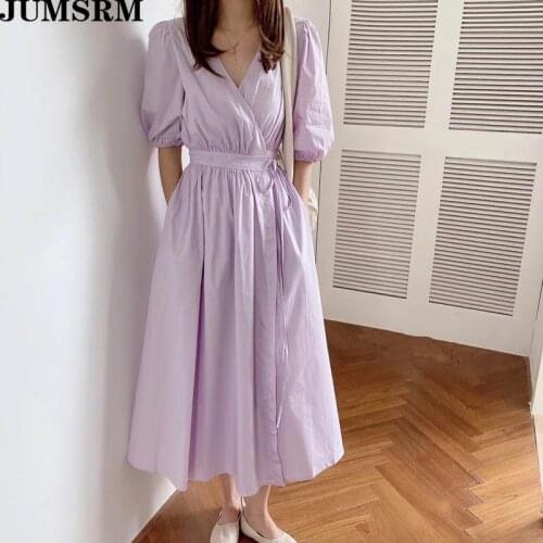 Kawaii Korean Vintage Elegance Dress 2020 Summer New Sexy V-Neck Puff Sleeves Sundress Vintage All Match Loose Long Dresses Chic