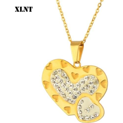 XLNT Double Heart Pendant Necklace with Zircon Gold Color Stainless Steel Necklace For Women Jewelry