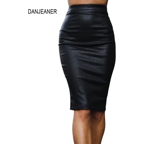DANJEANER Women Black PU Leather Skirt Pencil High Waist Zipper Skinny Sexy Bodycon Midi Office Skirts Knee-Length Formal Skirts