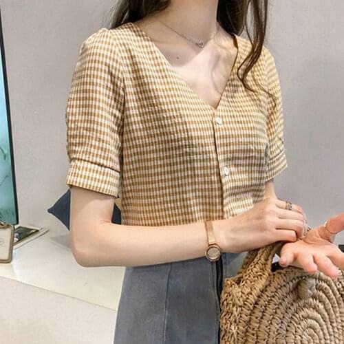 Hot 2019 V Neck Women\s Shirts blusas mujer de moda Female Blouse Shirt Short Sleeve Plaid Casual Blusa Feminina Lady Clothing