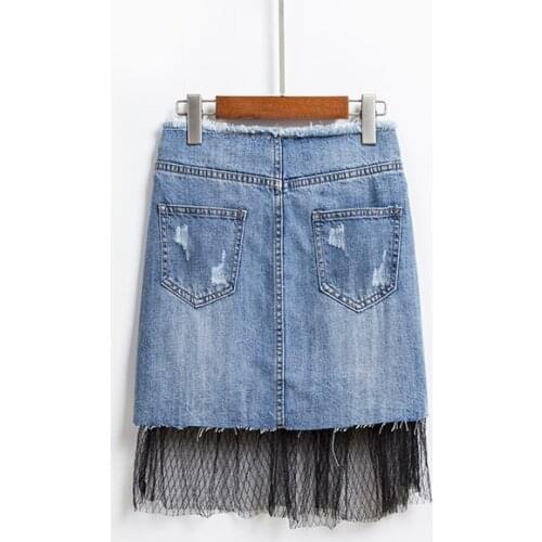 Harajuku Hole Ripped Mesh Patchwork Womens Denim Skirts Office Ladies High Waist Slim Fit Fashion Female Elegant A-Line Skirts