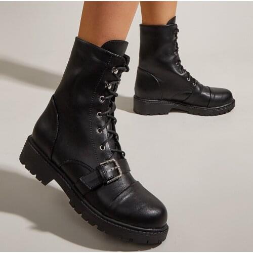 2021 New Black Platform Combat Ankle Boots for Women Lace Up Buckle Strap Woman Shoes Winter Biker Boots Boots for Women