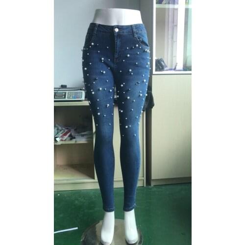 Woman Pants Mid Waist Jeans Hot Sale Fashion Beaded Soft Stretch Slim Pencil Pants Trousers Young Girls Jeans
