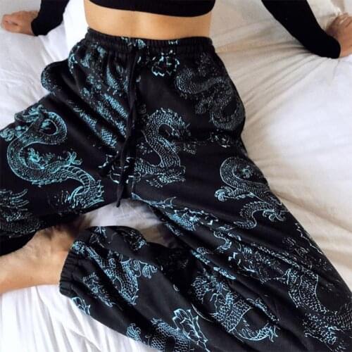 2021 Newest Fashion Women Casual Dragon Print High Waist Loose Wide Leg Long Pants Trousers